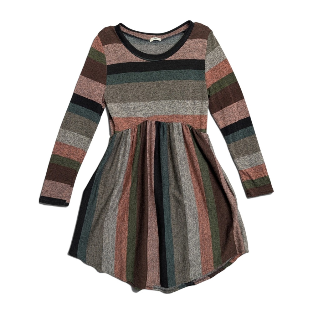 Egy Womens Babydoll Tunic Dress Small Striped Long Sleeve Multicolor